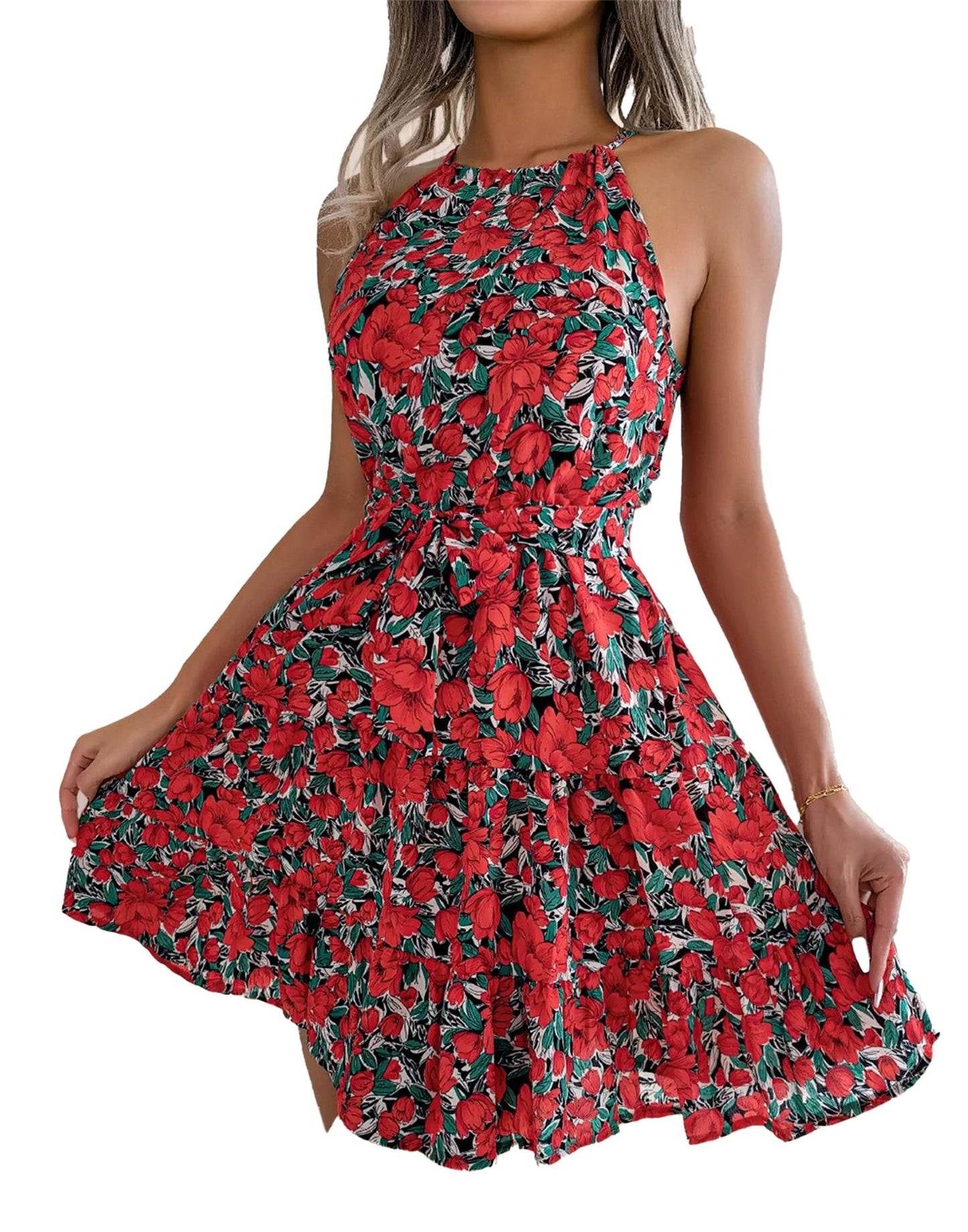 LuckeLadybug women's floral halter dress in red with a flattering tie waist and flared skirt