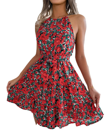 LuckeLadybug women's floral halter dress in red with a flattering tie waist and flared skirt