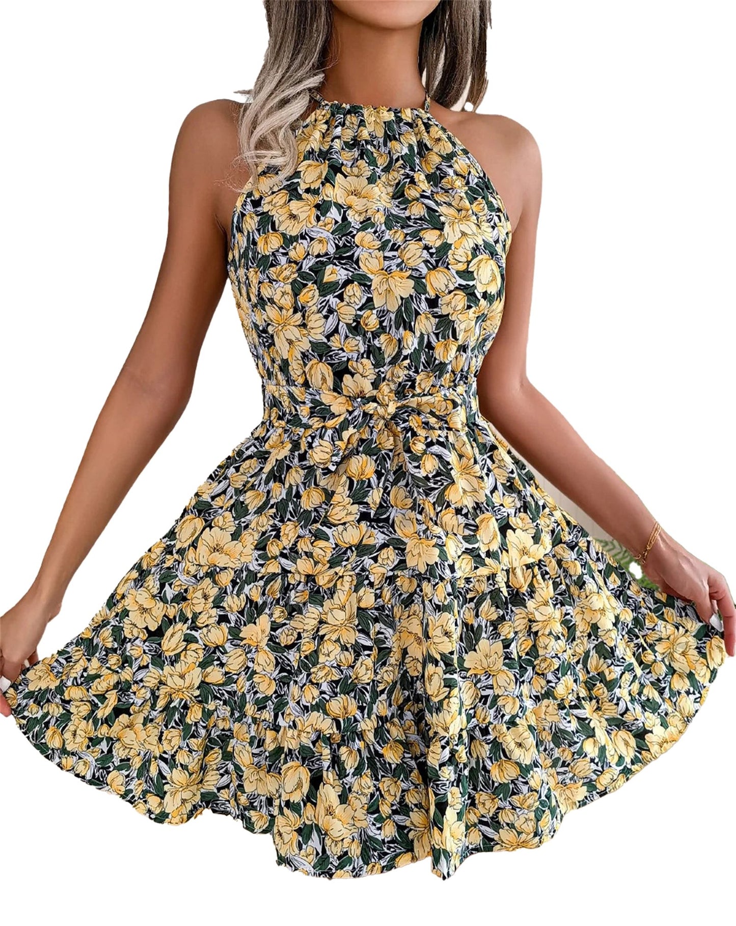 Model wearing a women's floral halter dress with yellow flowers and a flattering silhouette