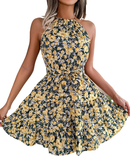 Model wearing a women's floral halter dress with yellow flowers and a flattering silhouette