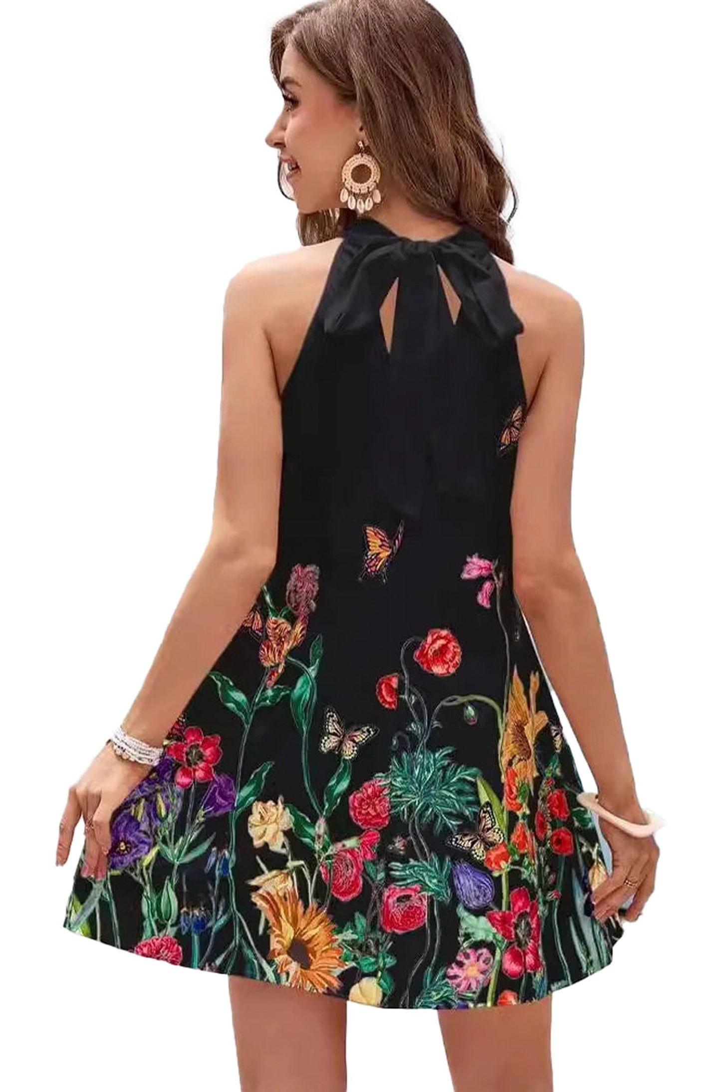 Back view of a women's floral print mini dress featuring colorful embroidery on a black background