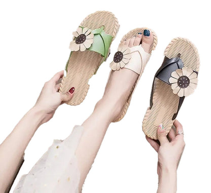 LuckeLadybug women's floral slippers for beach in green, beige, and black with decorative flower accents