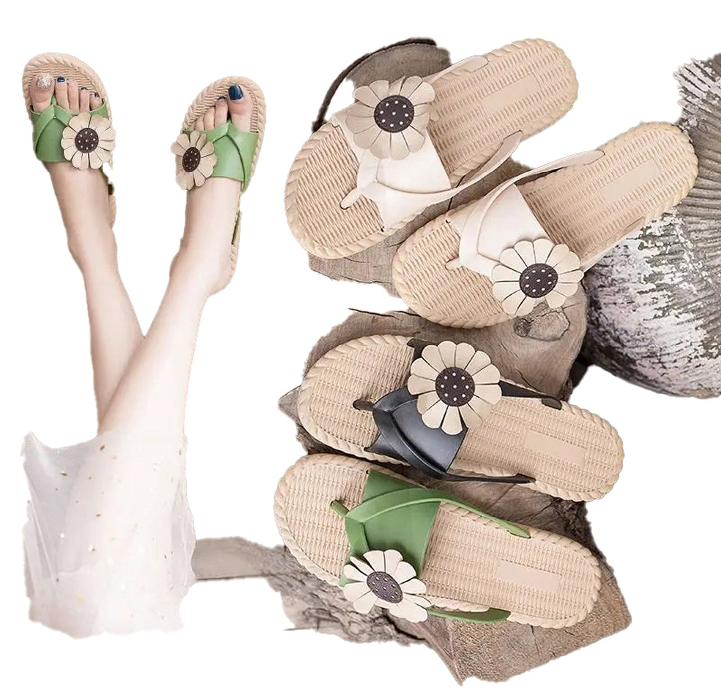 LuckeLadybug women's floral slippers for beach in green, white, and black featuring flower designs