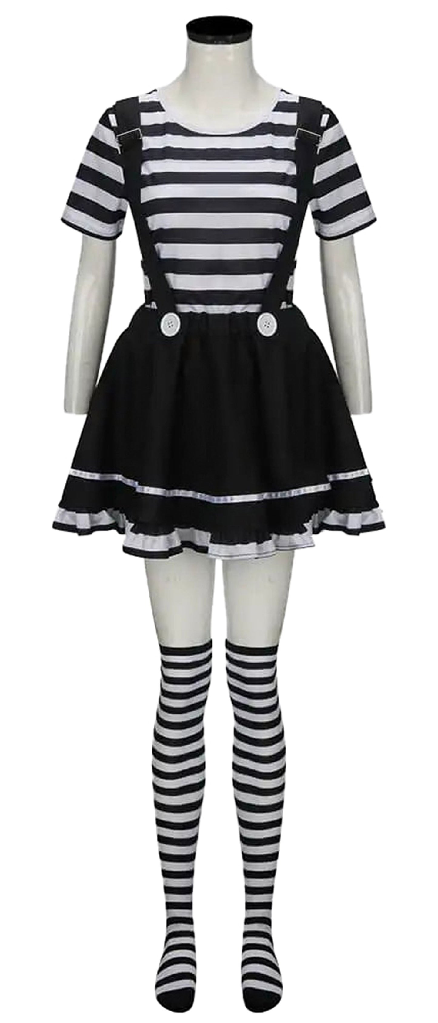 Women's French mime costume featuring a striped shirt, black skirt, and striped tights for a classic performance look.