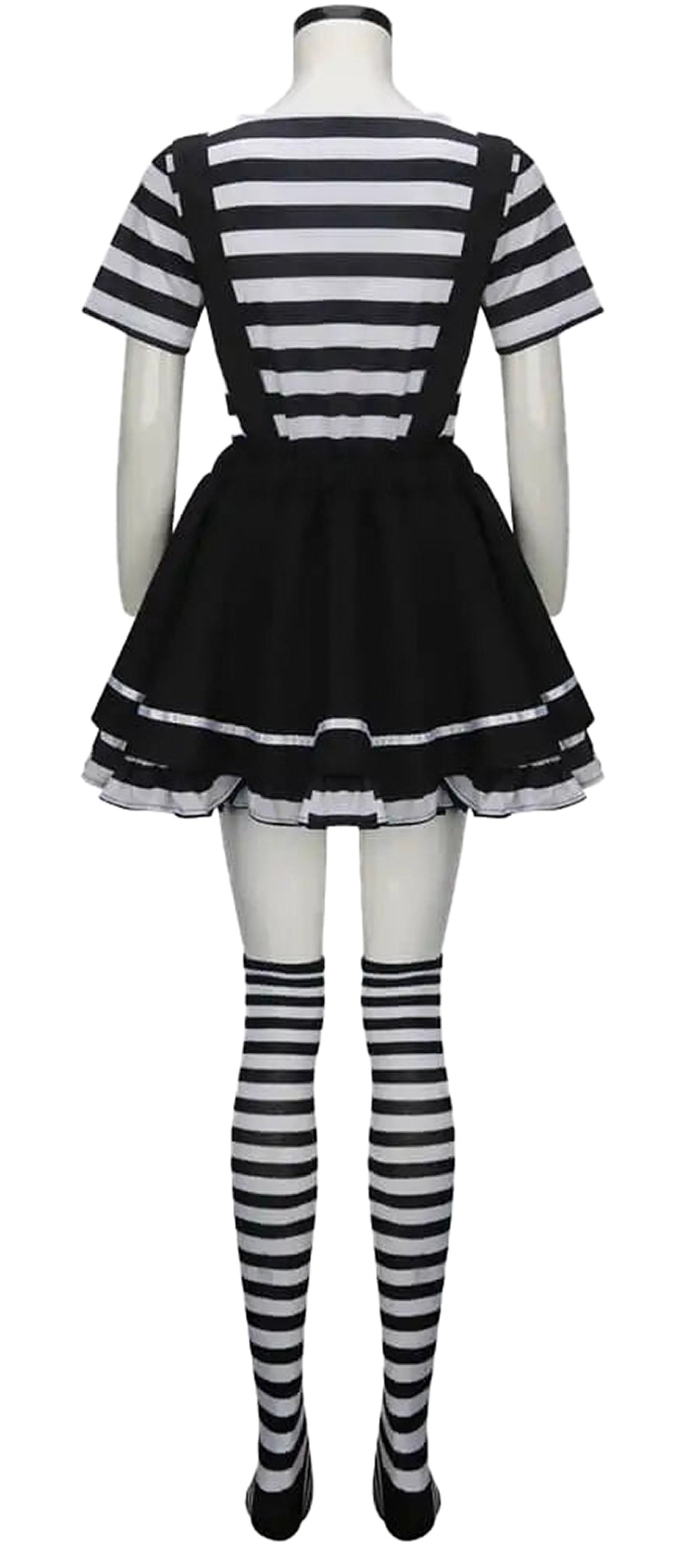 Back view of women's French mime costume featuring black and white striped dress and thigh-high striped stockings