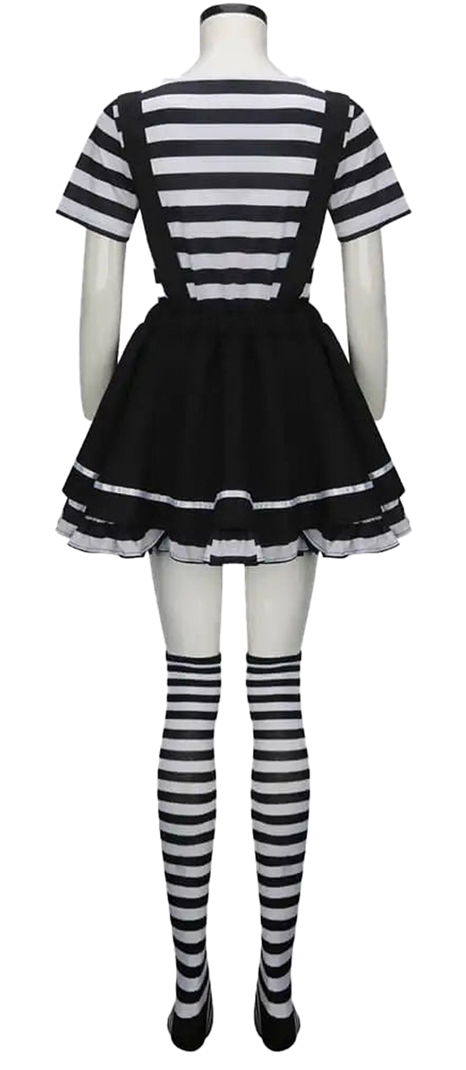Back view of women's French mime costume featuring black and white striped dress and thigh-high striped stockings
