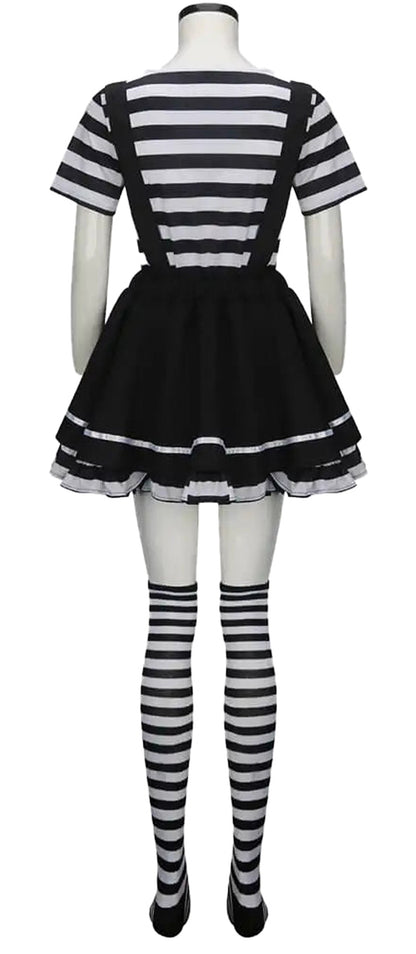 Back view of women's French mime costume featuring black and white striped dress and thigh-high striped stockings