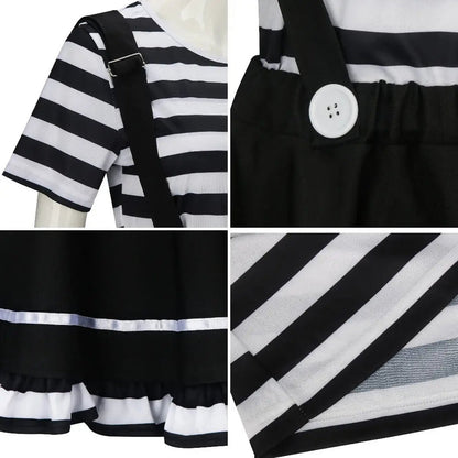 Women's French mime costume featuring a striped shirt and skirt with suspenders and ruffled hem
