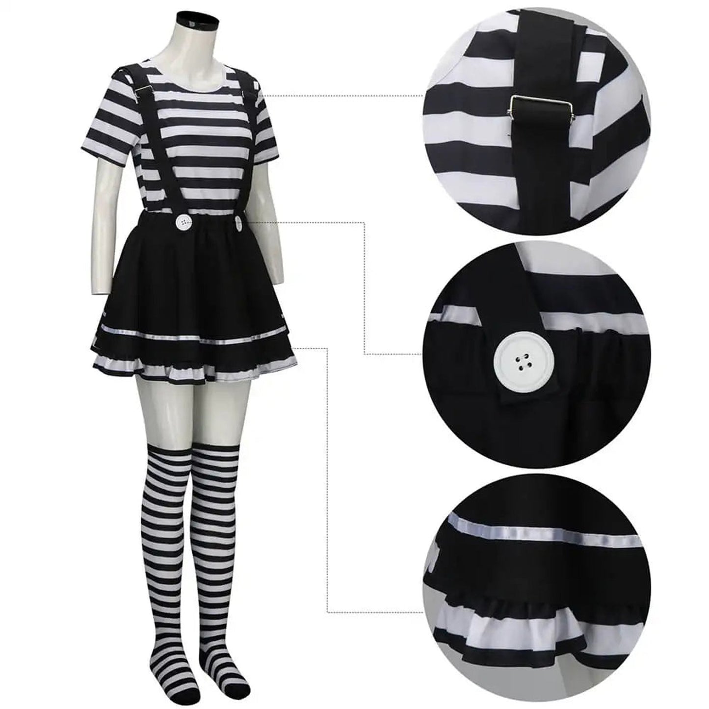 Women's French mime costume featuring stripes, skirt, and knee-high socks for playful themed events