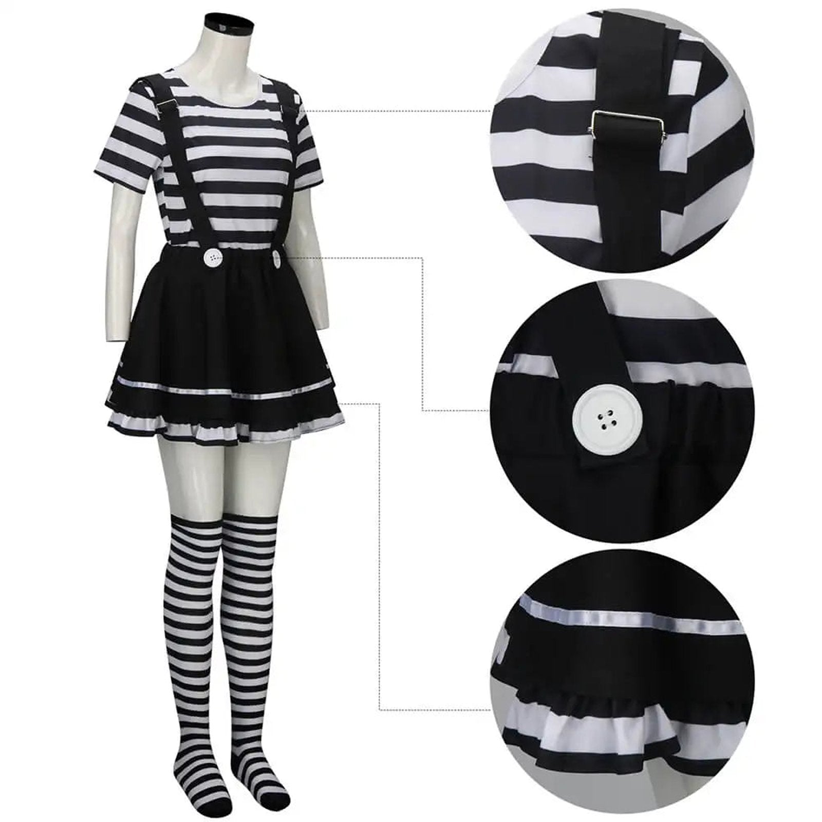 Women's French mime costume featuring stripes, skirt, and knee-high socks for playful themed events
