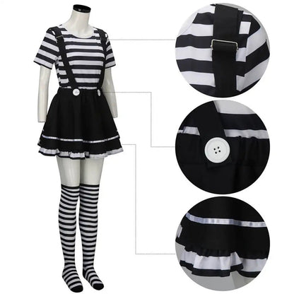 Women's French mime costume featuring stripes, skirt, and knee-high socks for playful themed events