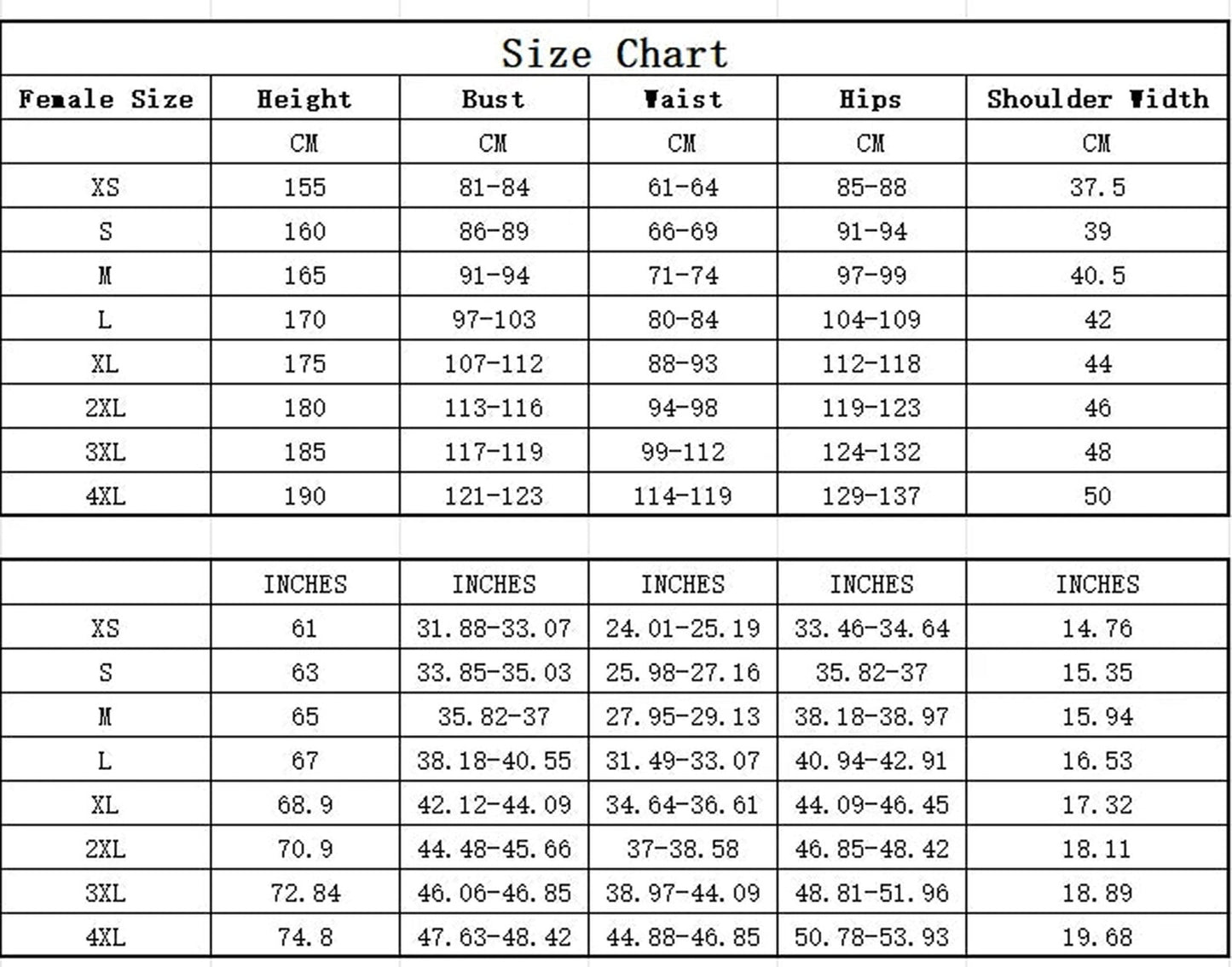 Size chart for women's French mime costume with measurements for XS to 4XL in centimeters and inches