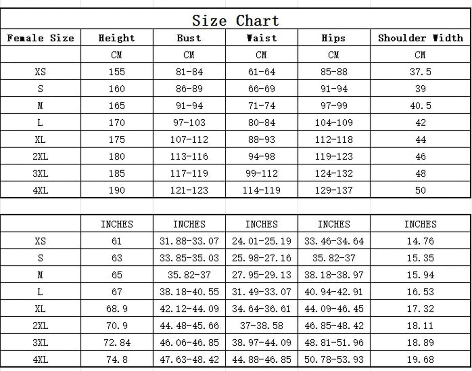 Size chart for women's French mime costume with measurements for XS to 4XL in centimeters and inches