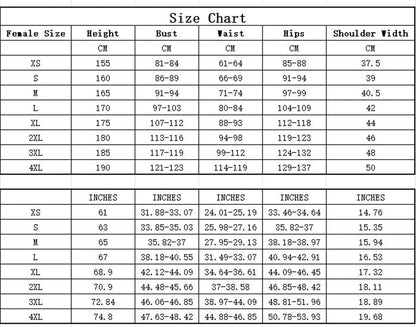 Size chart for women's French mime costume with measurements for XS to 4XL in centimeters and inches
