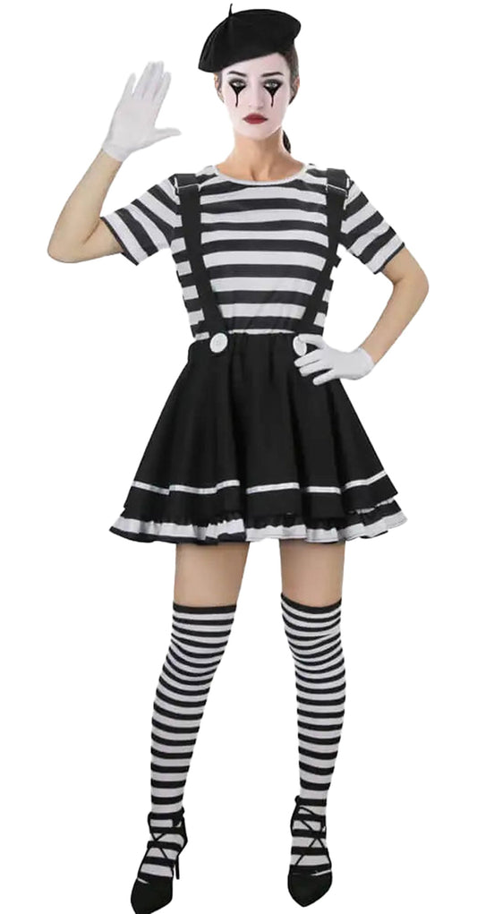 Women's French mime costume featuring striped dress, suspenders, and beret for costume parties