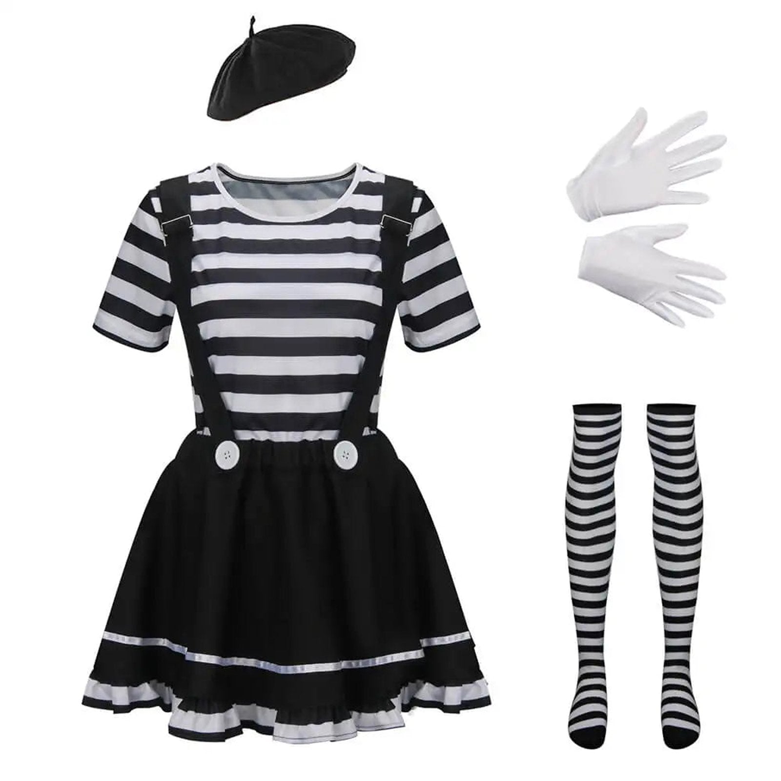 Women's French mime costume featuring a striped dress, beret, gloves, and striped tights