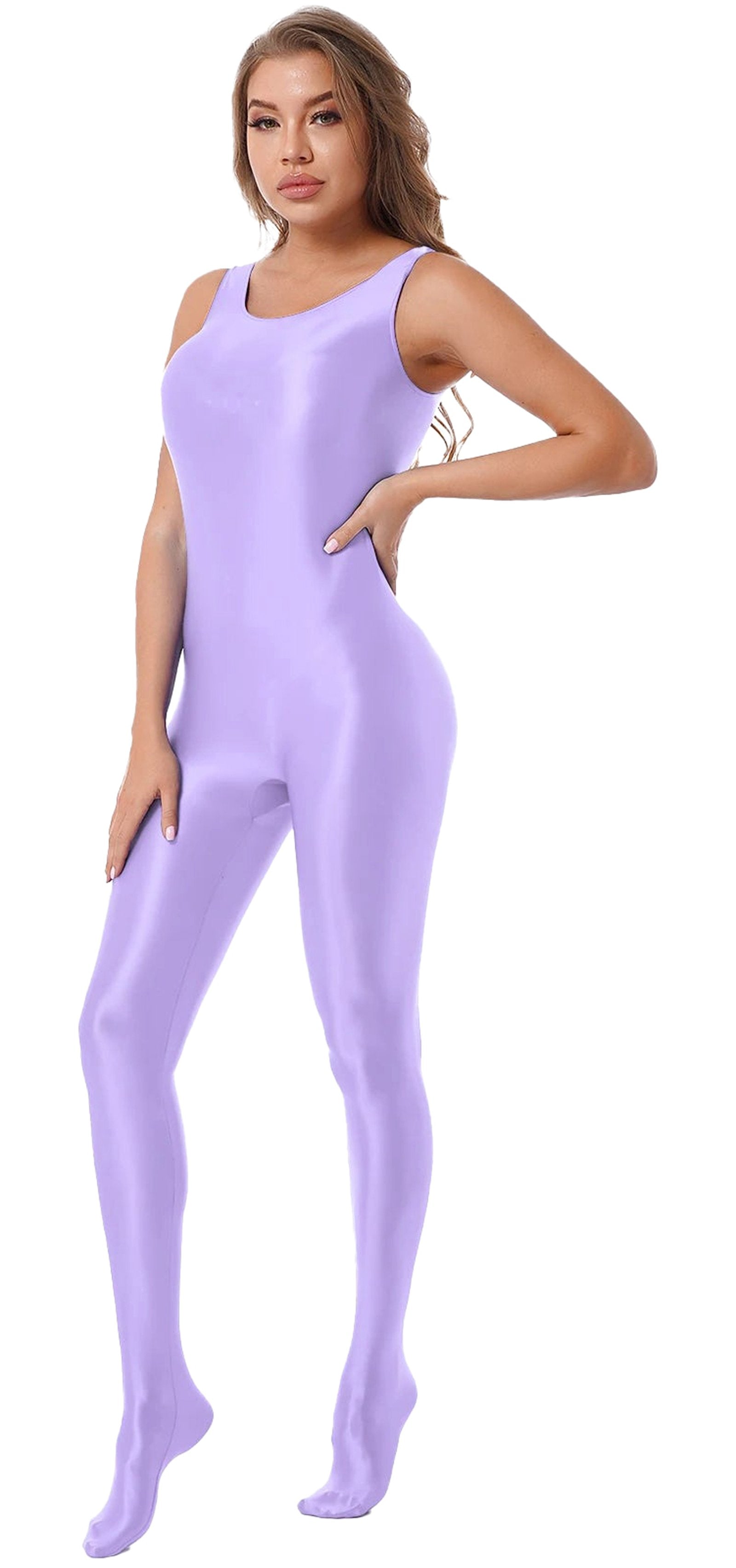 LuckeLadybug LLC womens full body bodysuit in lavender color, featuring a sleek and seamless design