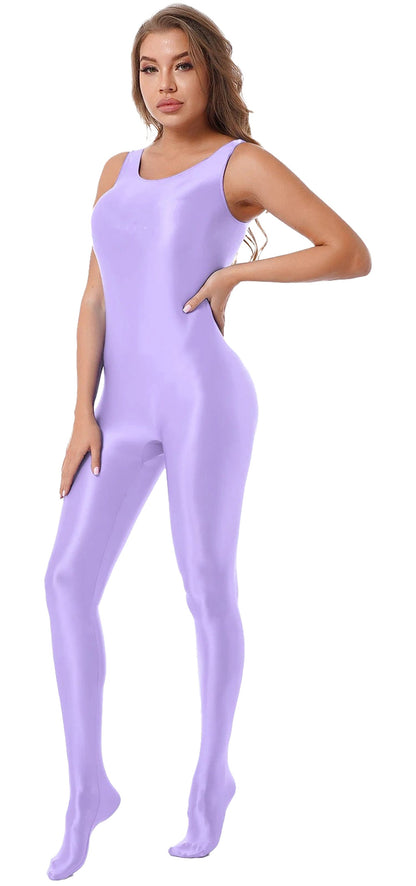 LuckeLadybug LLC womens full body bodysuit in lavender color, featuring a sleek and seamless design
