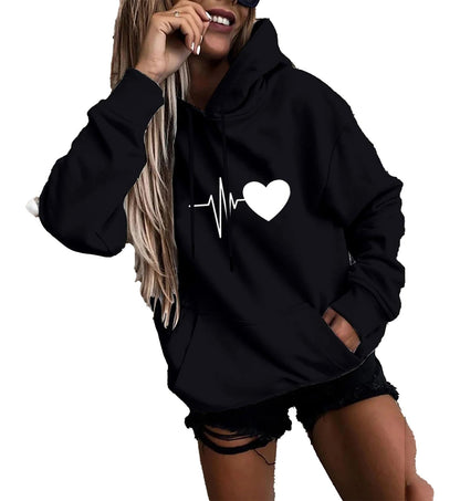 Black womens fun print hoodies featuring heartbeat and heart design for casual style
