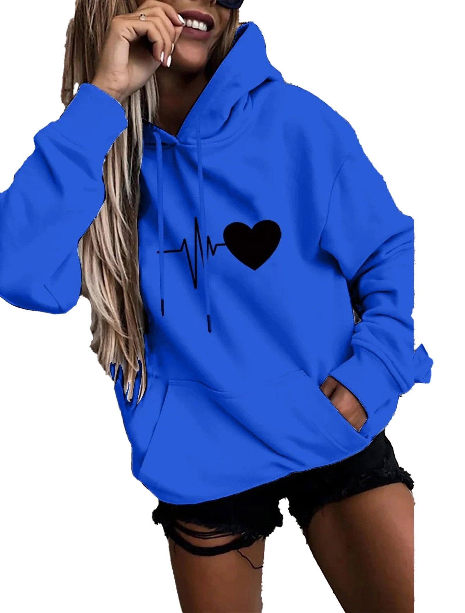 Blue womens fun print hoodies featuring a heart and heartbeat design for a trendy look