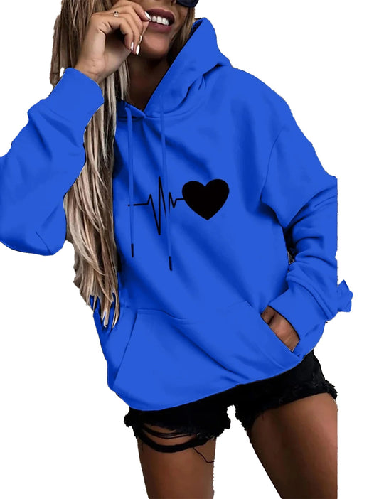 Blue womens fun print hoodies featuring a heart and heartbeat design for a trendy look