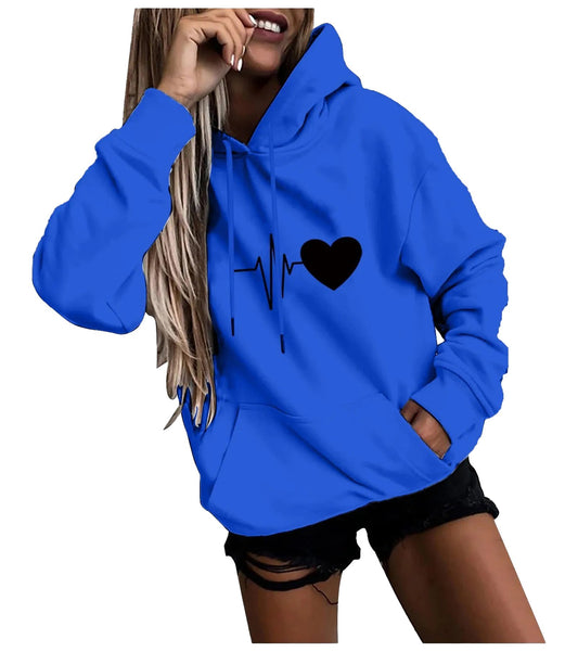 Blue women's fun print hoodies featuring a heartbeat and heart design for a stylish look