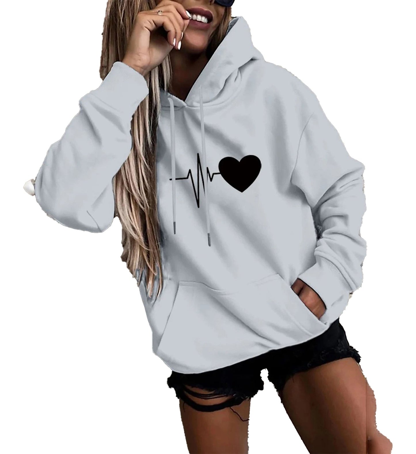 Light gray womens fun print hoodies featuring a heartbeat and heart design for casual style