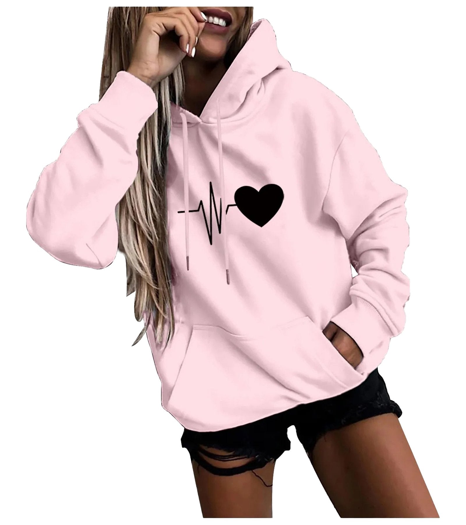 LuckeLadybug LLC womens fun print hoodies in pink with heart and heartbeat design