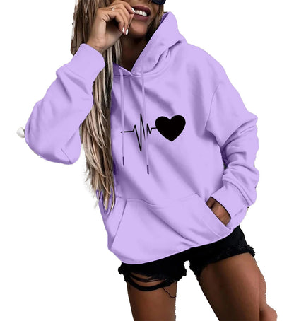 Trendy women's fun print hoodies in lavender with heartbeat and heart design for casual wear