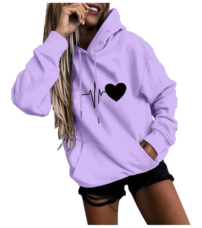 Womens fun print hoodies in lavender with heartbeat and heart design for stylish comfort