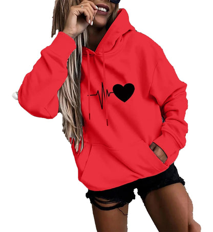 Womens fun print hoodies in red with heartbeat and heart graphic design for casual wear