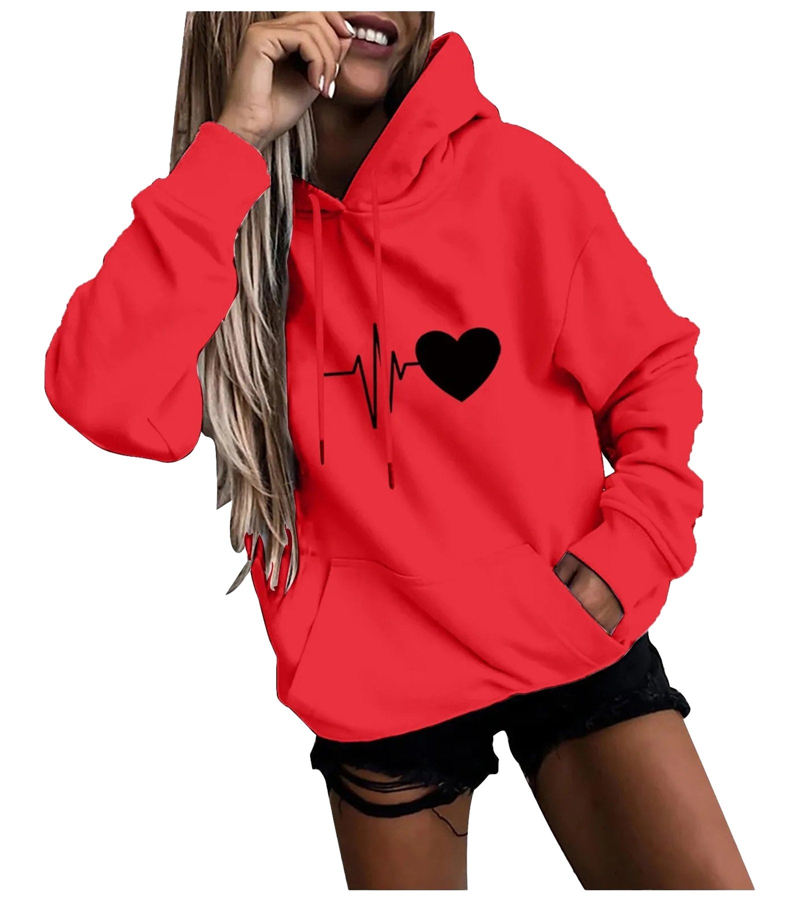 Red Womens Fun Print Hoodies with Heartbeat and Heart Design for Casual Wear