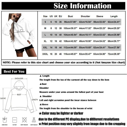 LuckeLadybug womens fun print hoodies in various sizes with size chart and description