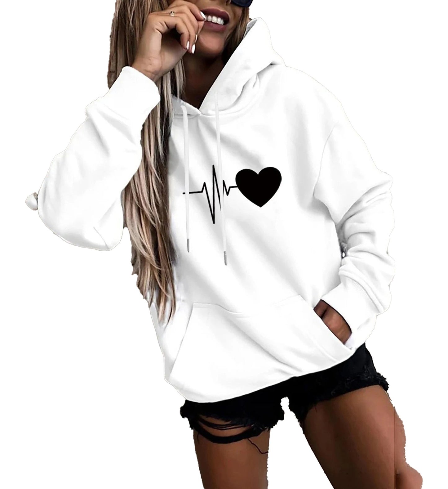 Womens fun print hoodies in white with heartbeat line and heart graphic design