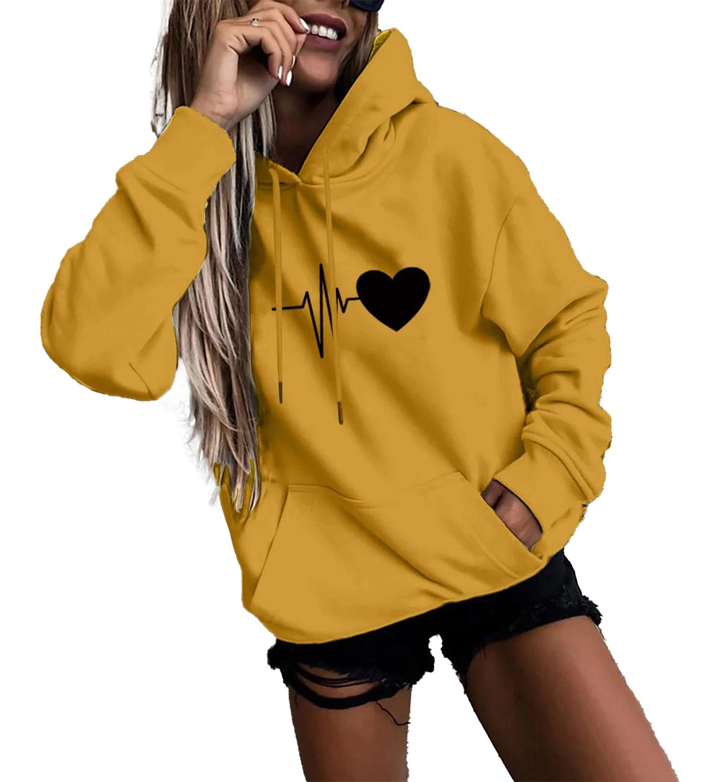 Yellow womens fun print hoodies featuring a heart and heartbeat graphic design for stylish comfort
