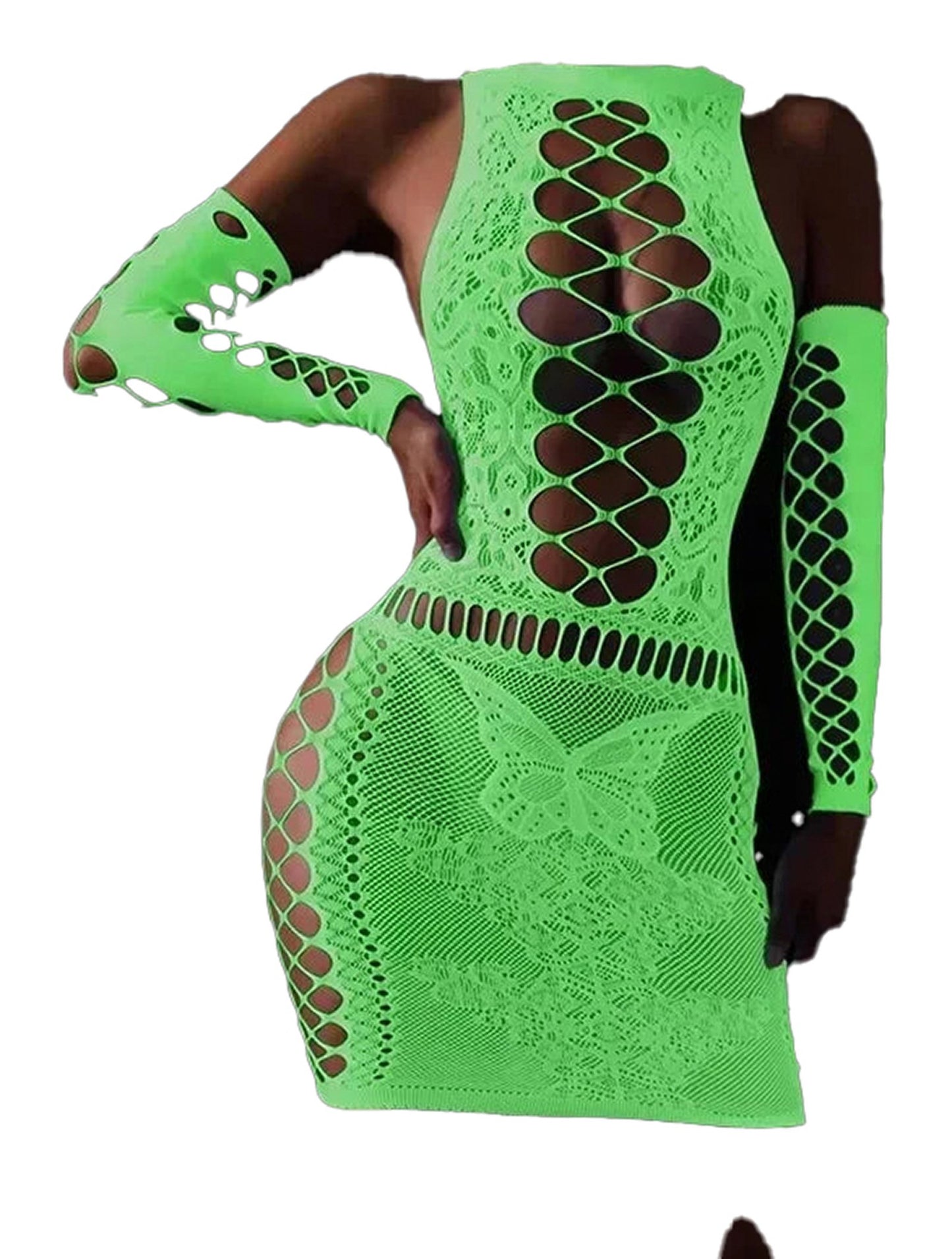 LuckeLadybug LLC women's glow in the dark bodystocking with intricate lace design and long sleeves