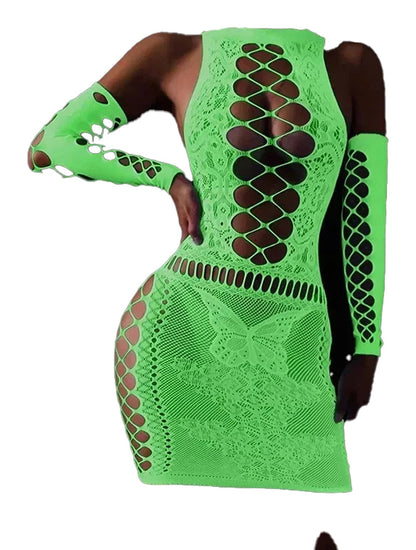 LuckeLadybug LLC women's glow in the dark bodystocking with intricate lace design and long sleeves