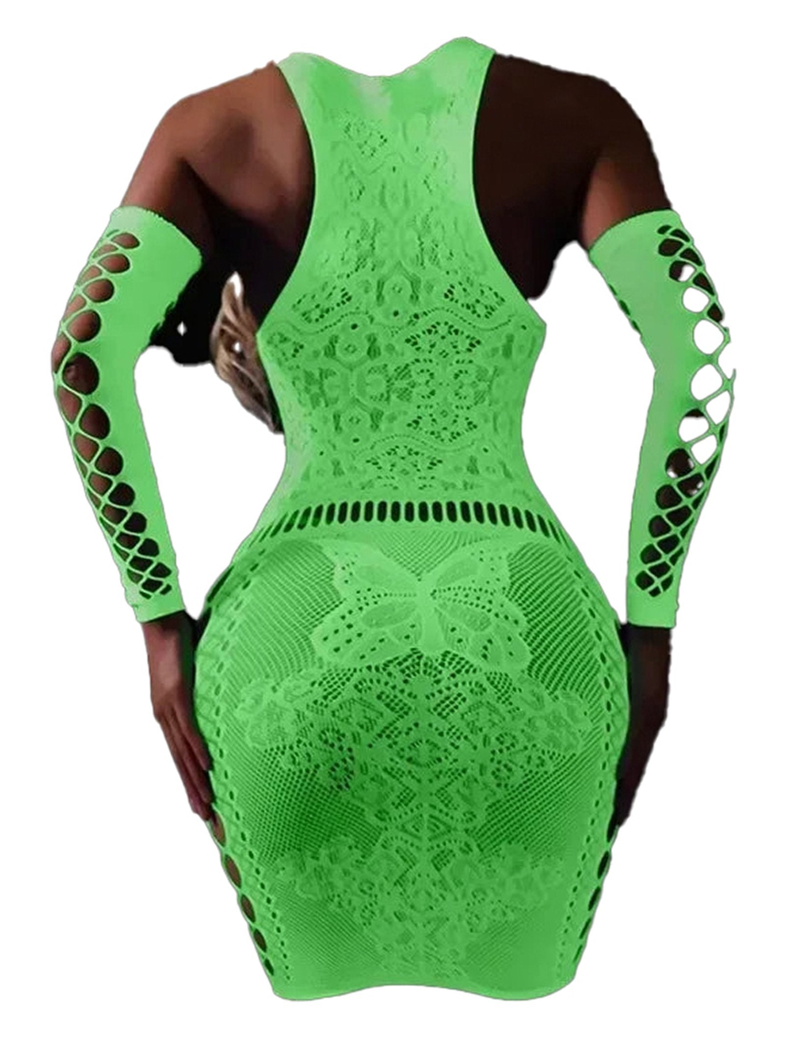 LuckeLadybug women's glow in the dark bodystocking in vibrant green with intricate designs and long sleeves