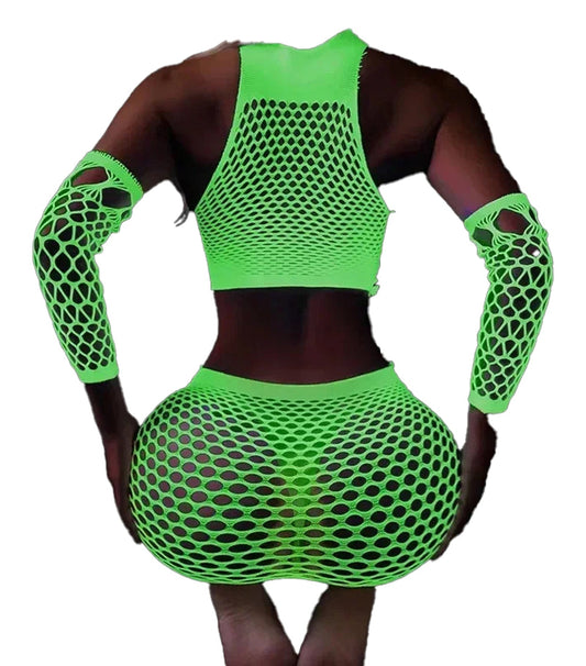 Stylish women's glow in the dark bodystocking with mesh design and long sleeves for a bold look