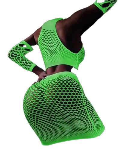 Women's glow in the dark bodystocking in neon green with fishnet design and long sleeves