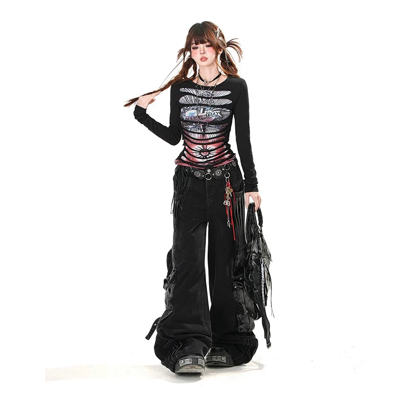 Model wearing women's gothic cargo jeans paired with a stylish black top and accessories