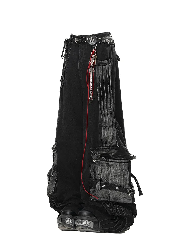 LuckeLadybug women's gothic cargo jeans in black with unique pockets and chains for alternative fashion lovers