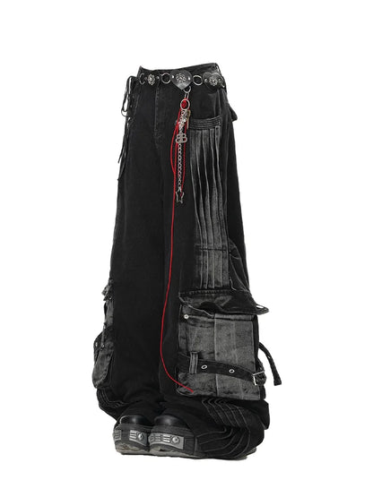 LuckeLadybug women's gothic cargo jeans in black with unique pockets and chains for alternative fashion lovers