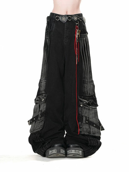 LuckeLadybug LLC women's gothic cargo jeans featuring a baggy style with unique detailing and multiple pockets