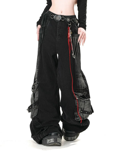 Women's gothic cargo jeans by LuckeLadybug LLC with unique pockets and edgy design