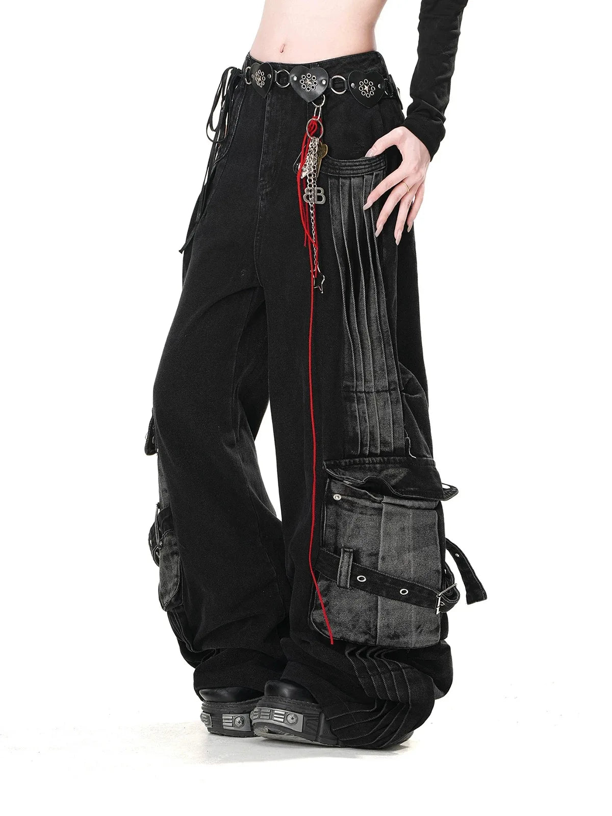 LuckeLadybug women's gothic cargo jeans in black with unique pockets and styling for a trendy look