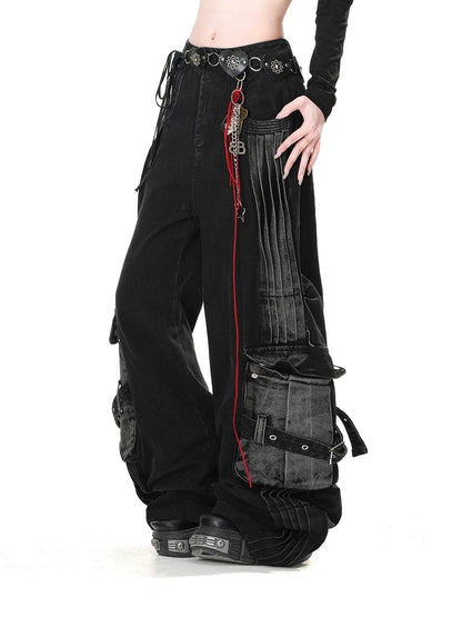 LuckeLadybug women's gothic cargo jeans in black with unique pockets and styling for a trendy look