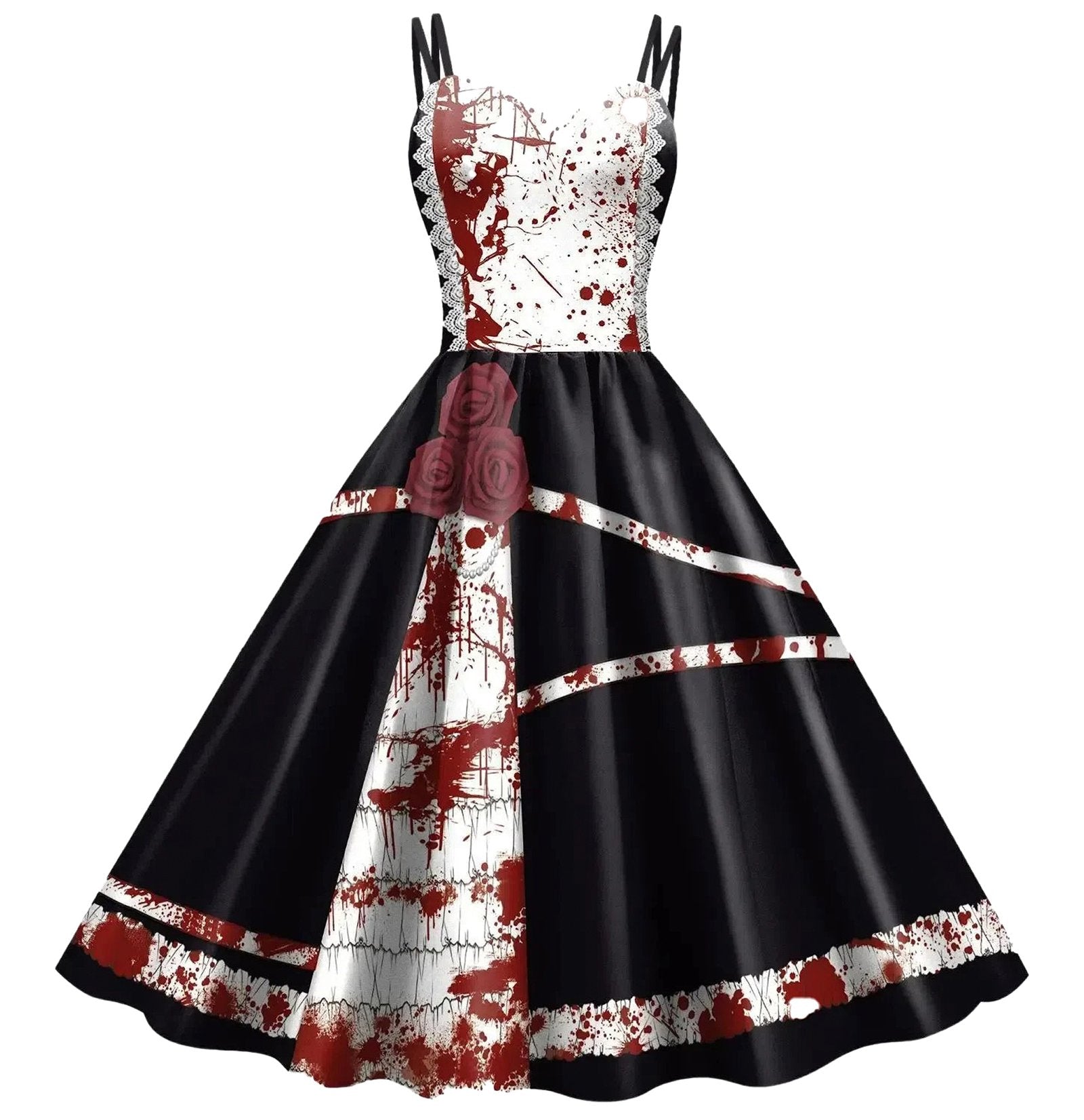 Women's gothic devil cosplay costume featuring a black and white dress with blood splatter design