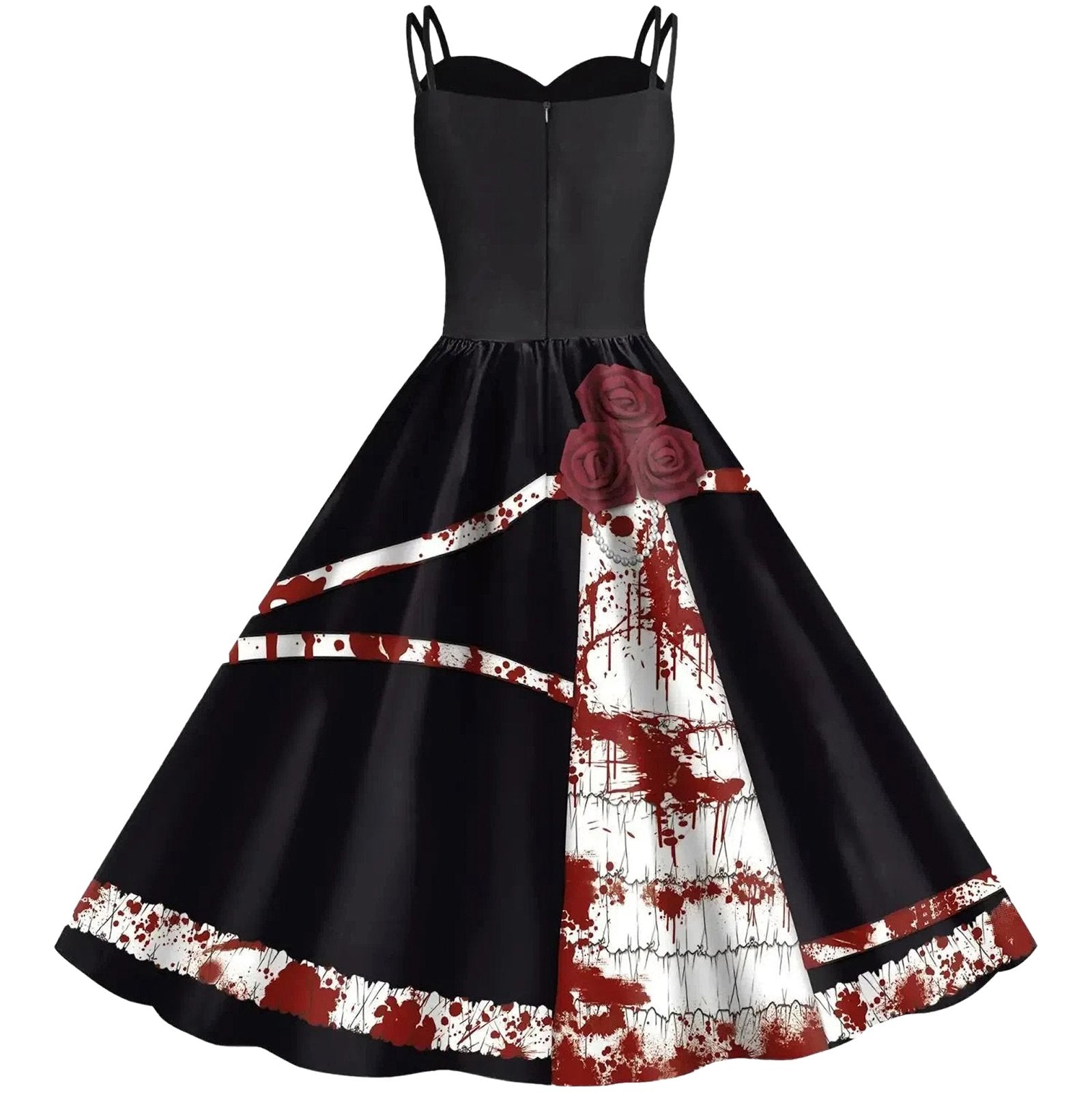 Women's gothic devil cosplay costume featuring a black dress with red and white blood splatter design