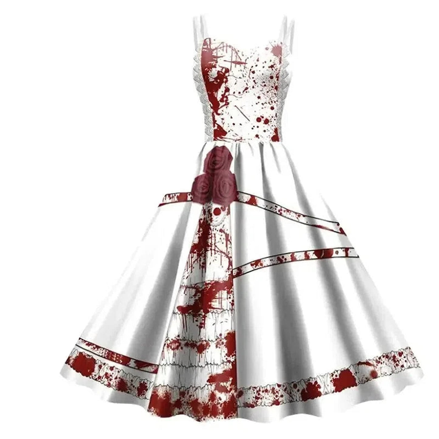 Women's gothic devil cosplay costume featuring a blood-splattered white dress with detailed design